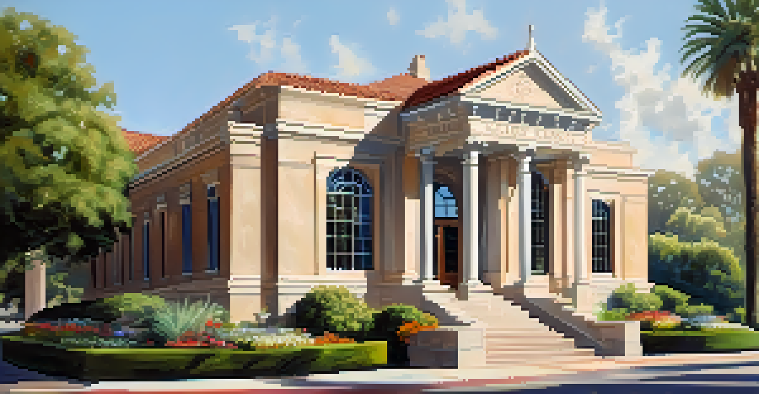 The exterior of the historic Carlsbad Library surrounded by greenery and flowers, showcasing its architectural beauty.