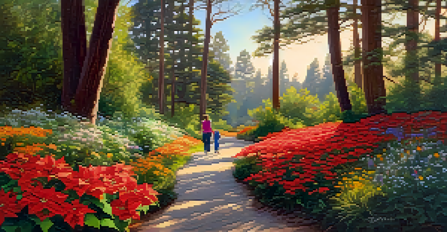 A nature trail in Poinsettia Park with a family walking and a child observing a butterfly.