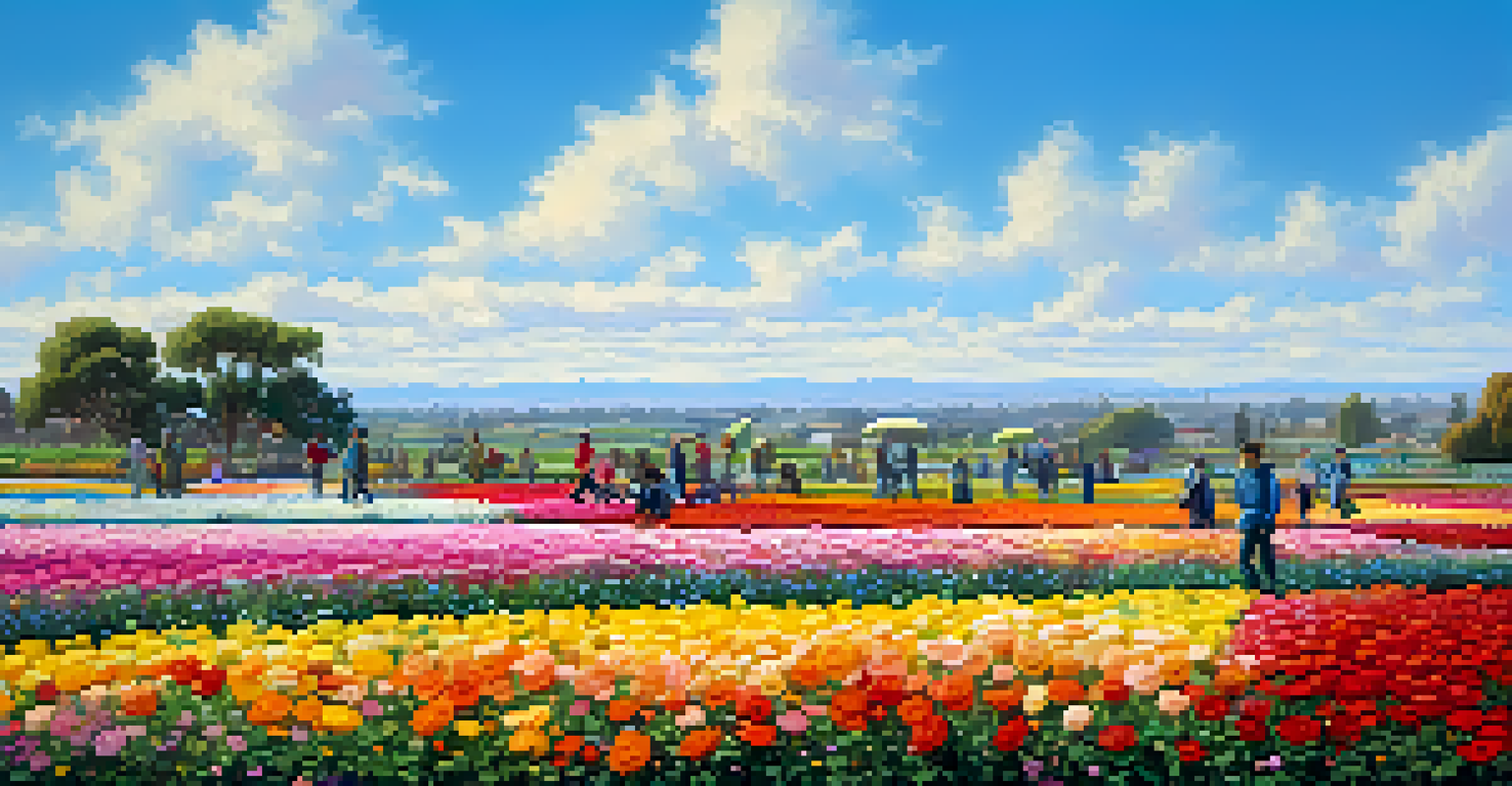 A colorful display of blooming ranunculus flowers in Carlsbad's Flower Fields under a clear blue sky.
