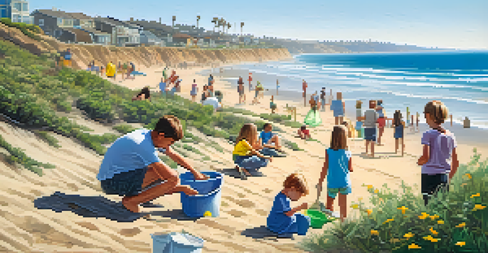 A sunny beach in Carlsbad with children participating in a beach clean-up, surrounded by golden sands and blue ocean waves, with green cliffs in the background.