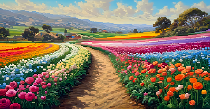 A family walking through colorful ranunculus flowers in The Flower Fields, Carlsbad, with a clear blue sky above.