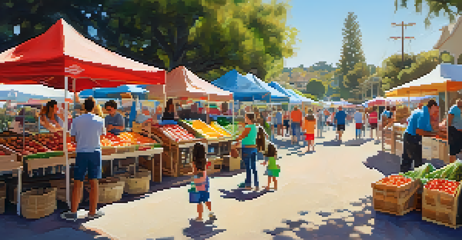 Families and children enjoying a farmers market, interacting with stalls and farm animals in a sunny setting.