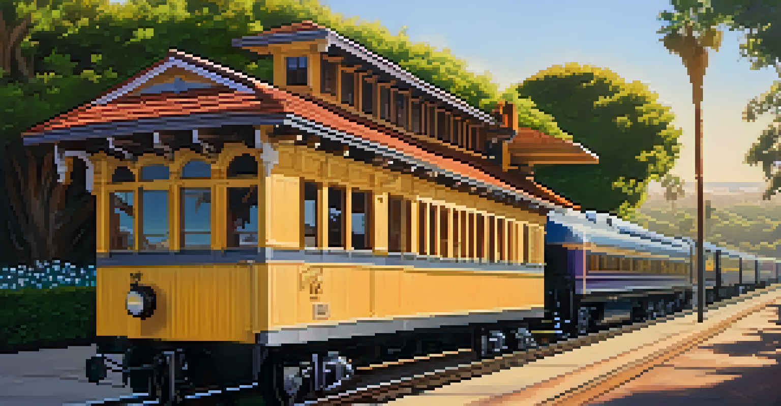 A historic railroad station in Carlsbad with vintage trains and beautiful landscaping in golden hour light.