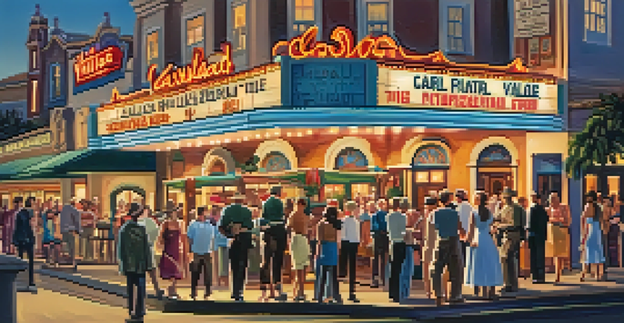 A lively view of Carlsbad Village Theatre with warm lights, vintage architecture, and patrons waiting to enter.