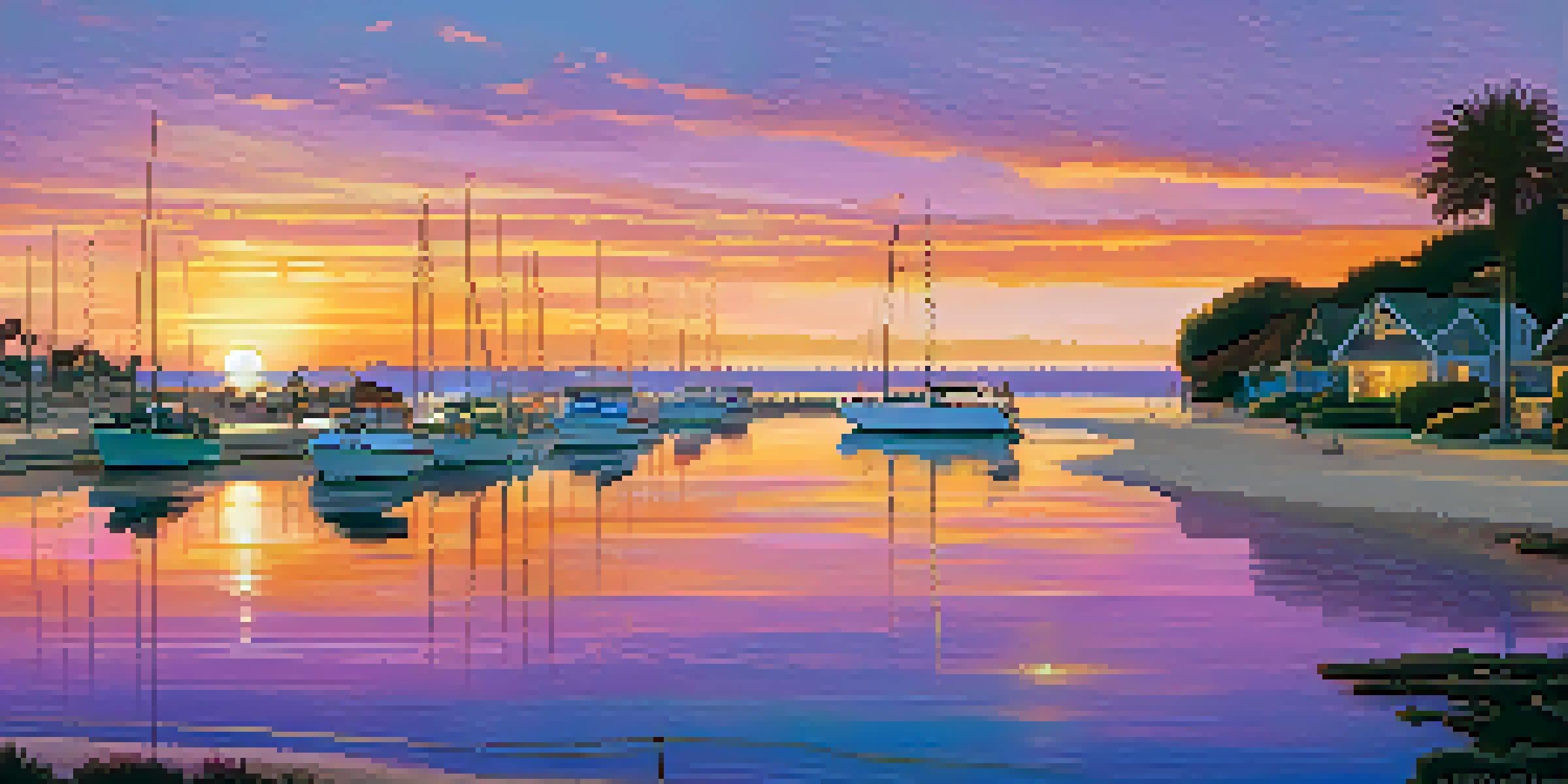 A scenic sunset view of Carlsbad's coastline, showcasing families boating on calm waters with colorful boats.