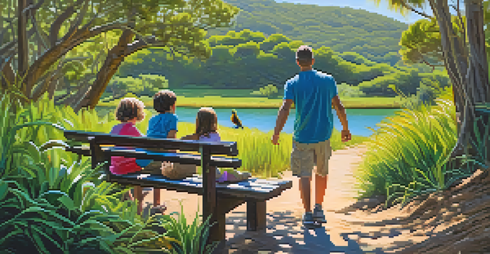 A family enjoys a hike at Batiquitos Lagoon, with children excitedly spotting birds and parents relaxing on a bench.