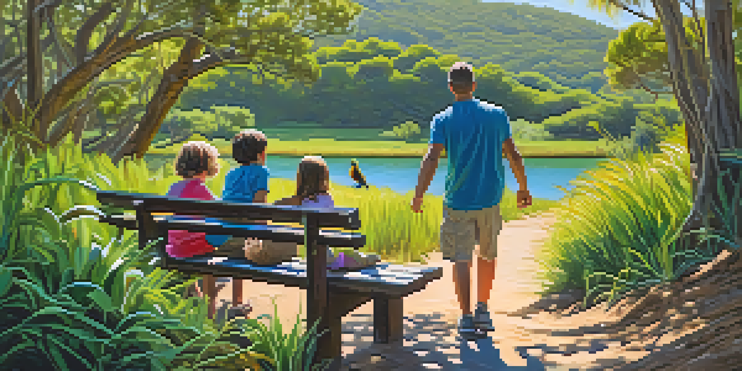 A family enjoys a hike at Batiquitos Lagoon, with children excitedly spotting birds and parents relaxing on a bench.