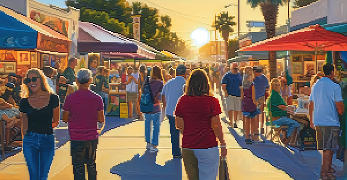 A bustling street during Carlsbad's art walk, filled with visitors admiring colorful art installations under a warm sunset.