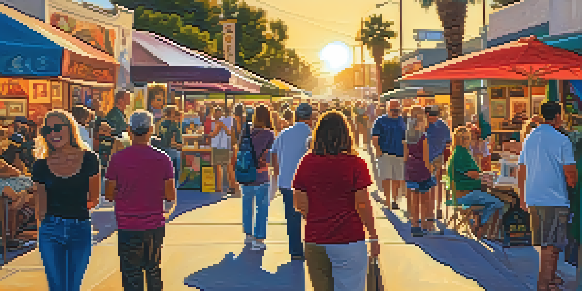 A bustling street during Carlsbad's art walk, filled with visitors admiring colorful art installations under a warm sunset.