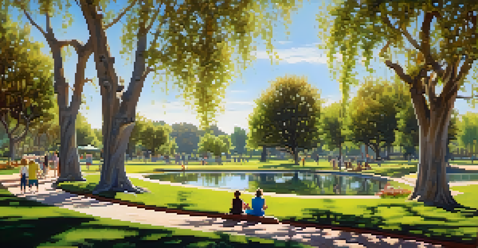 A park scene in Carlsbad with trees, families enjoying the day, and a pond reflecting the sky.