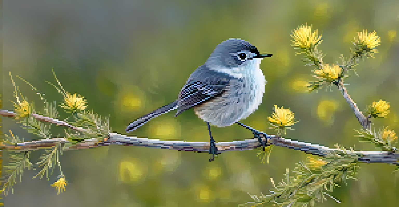 A close-up of a California gnatcatcher on a branch surrounded by native plants, highlighting the bird's features.