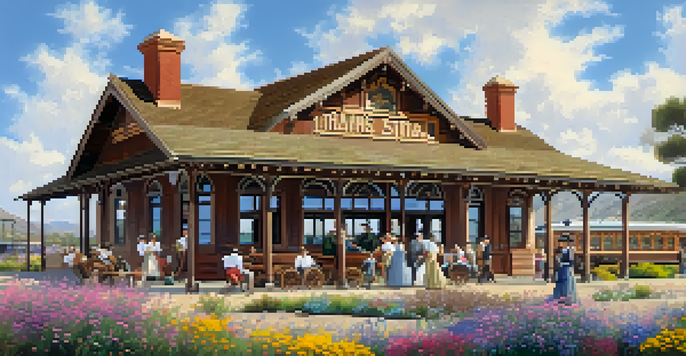 A vintage scene of Carlsbad's first train station with a wooden structure, people in historical attire, and a steam locomotive, set against a sunny sky and wildflowers.