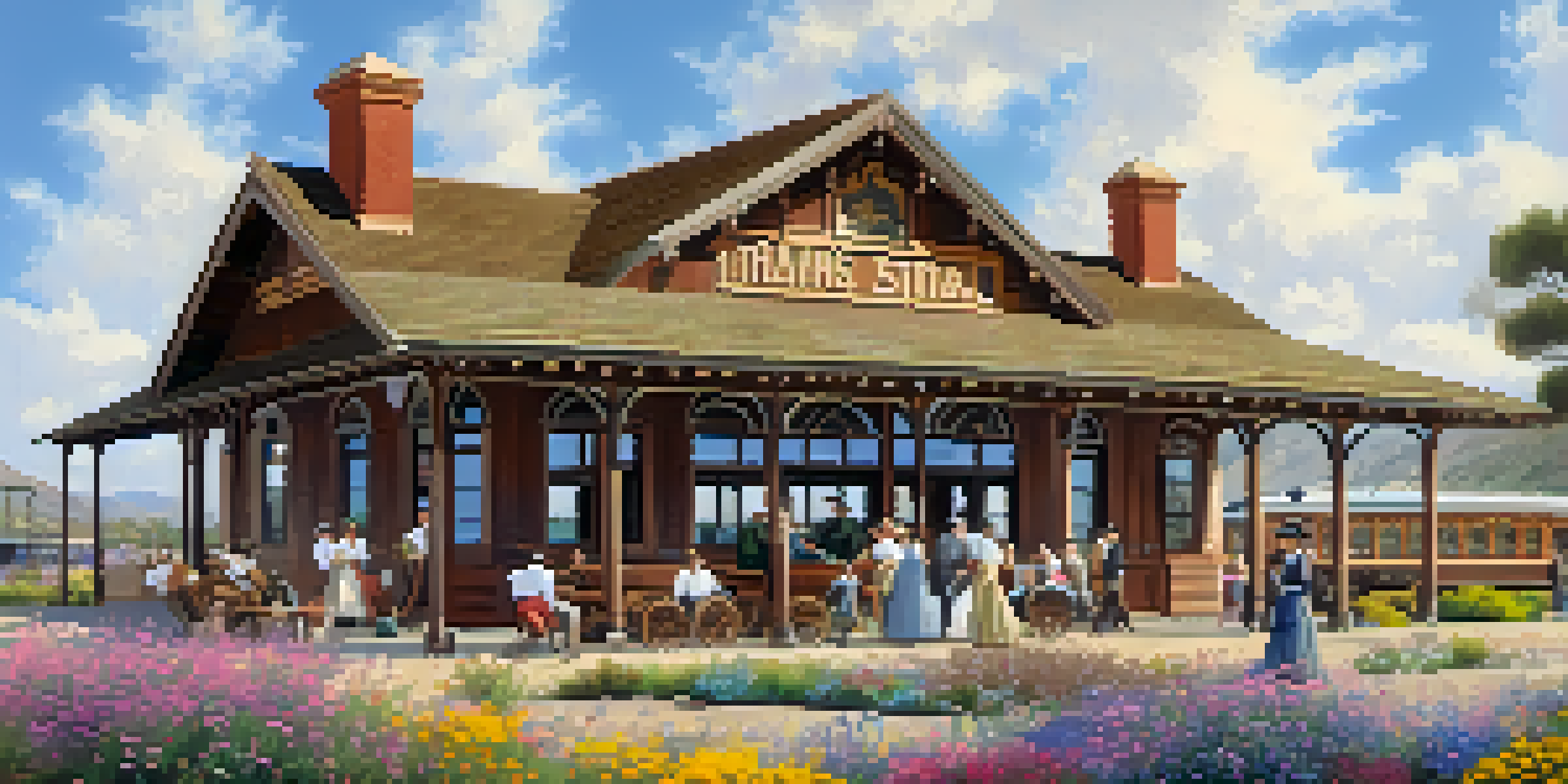 A vintage scene of Carlsbad's first train station with a wooden structure, people in historical attire, and a steam locomotive, set against a sunny sky and wildflowers.