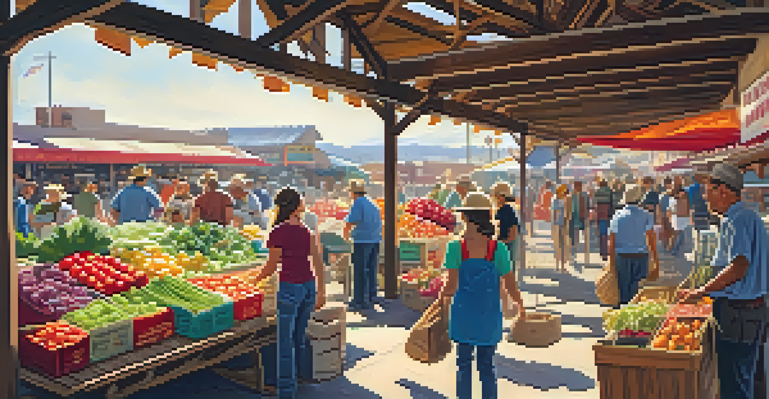 A lively market scene in Carlsbad after the Santa Fe Railroad's arrival, with farmers selling produce and townspeople interacting, set against historic buildings.