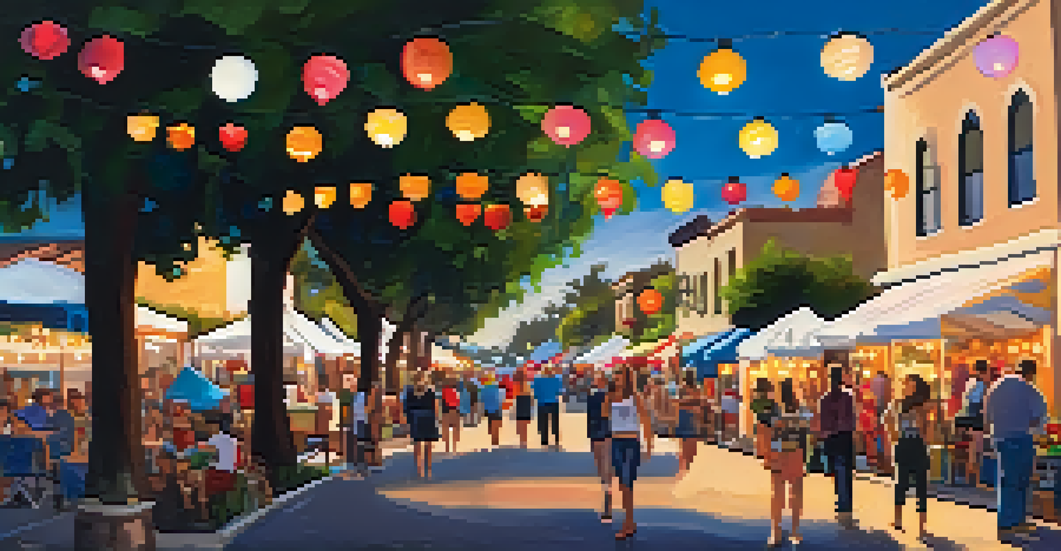 A lively arts festival in downtown Carlsbad, featuring women artists showcasing their work under string lights.