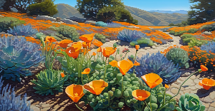 A colorful drought-resistant garden with California poppies, succulents, and lavender under a clear blue sky.