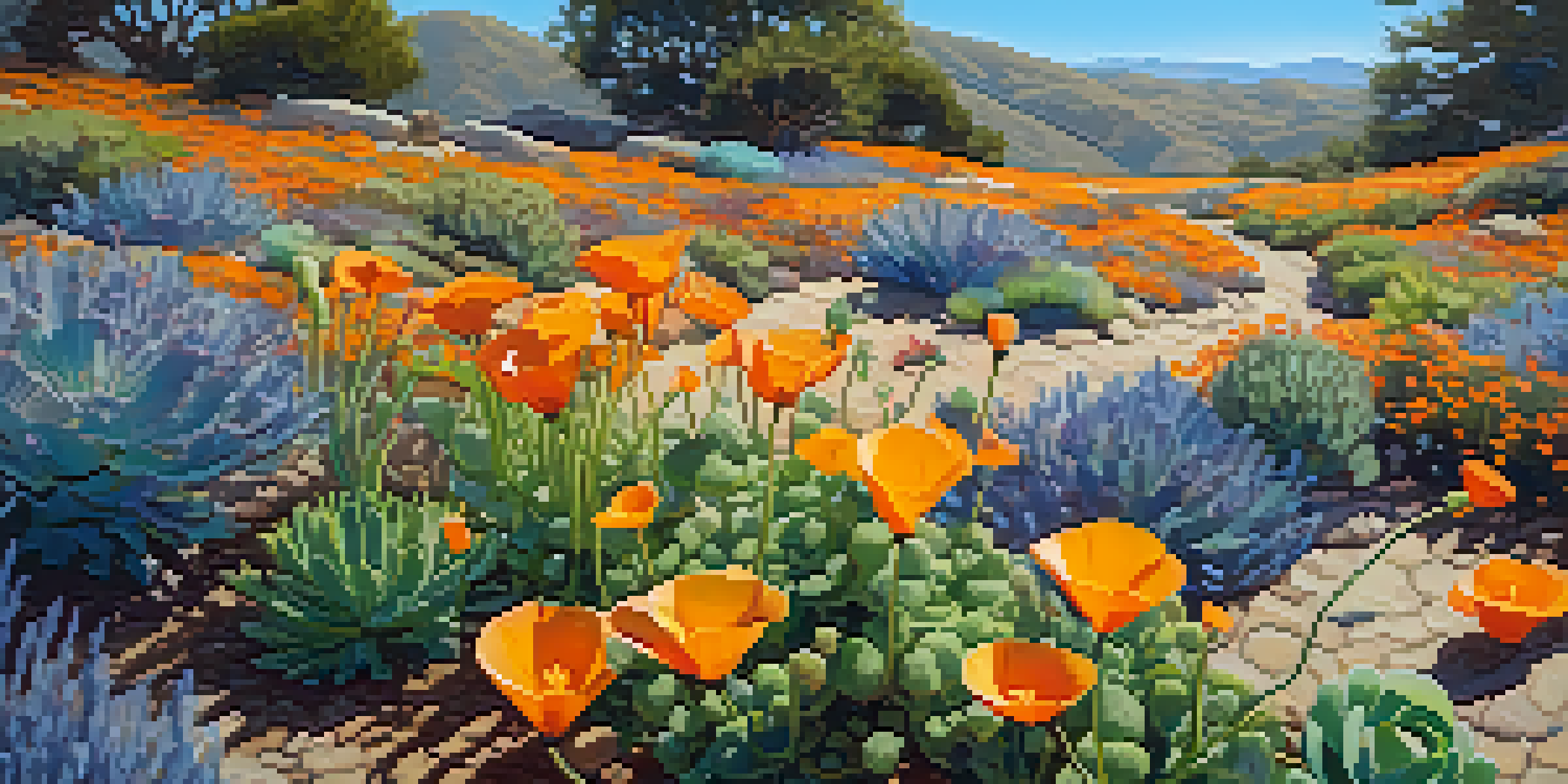 A colorful drought-resistant garden with California poppies, succulents, and lavender under a clear blue sky.