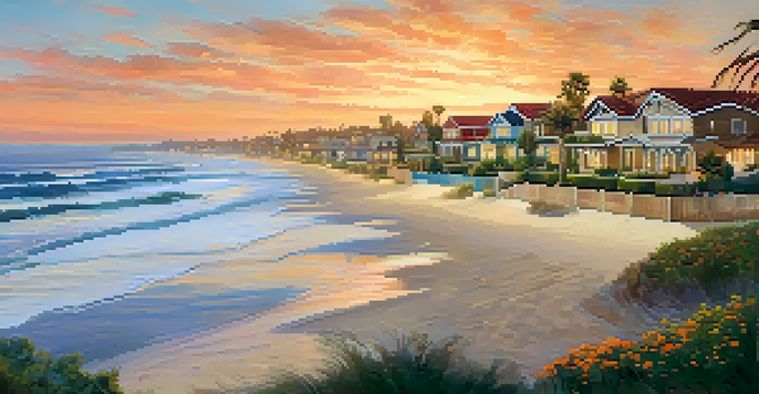 A scenic beach view in Carlsbad with families enjoying the sunset and Spanish Revival homes in the background.