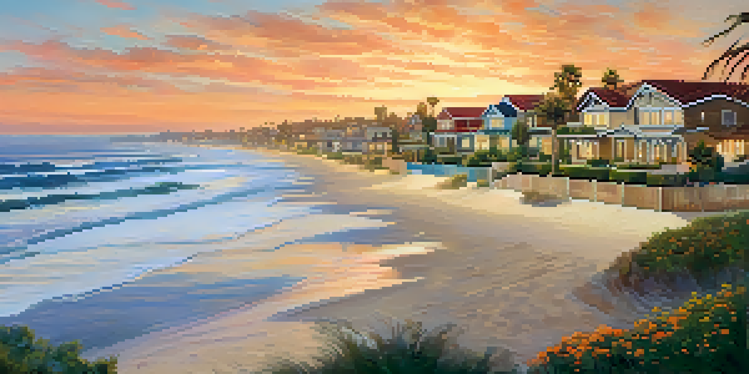 A scenic beach view in Carlsbad with families enjoying the sunset and Spanish Revival homes in the background.