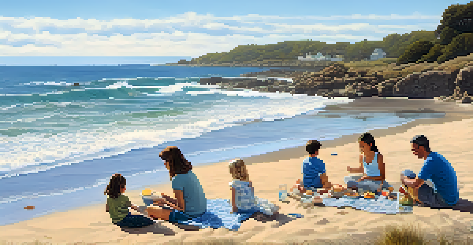 A family enjoys a picnic at Terramar Beach, with children exploring tide pools and a serene ocean backdrop.
