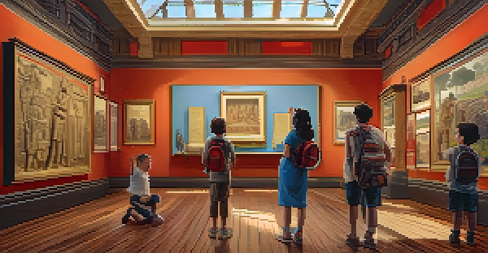 A family of four looking at ancient artifacts in a warmly lit historical museum.