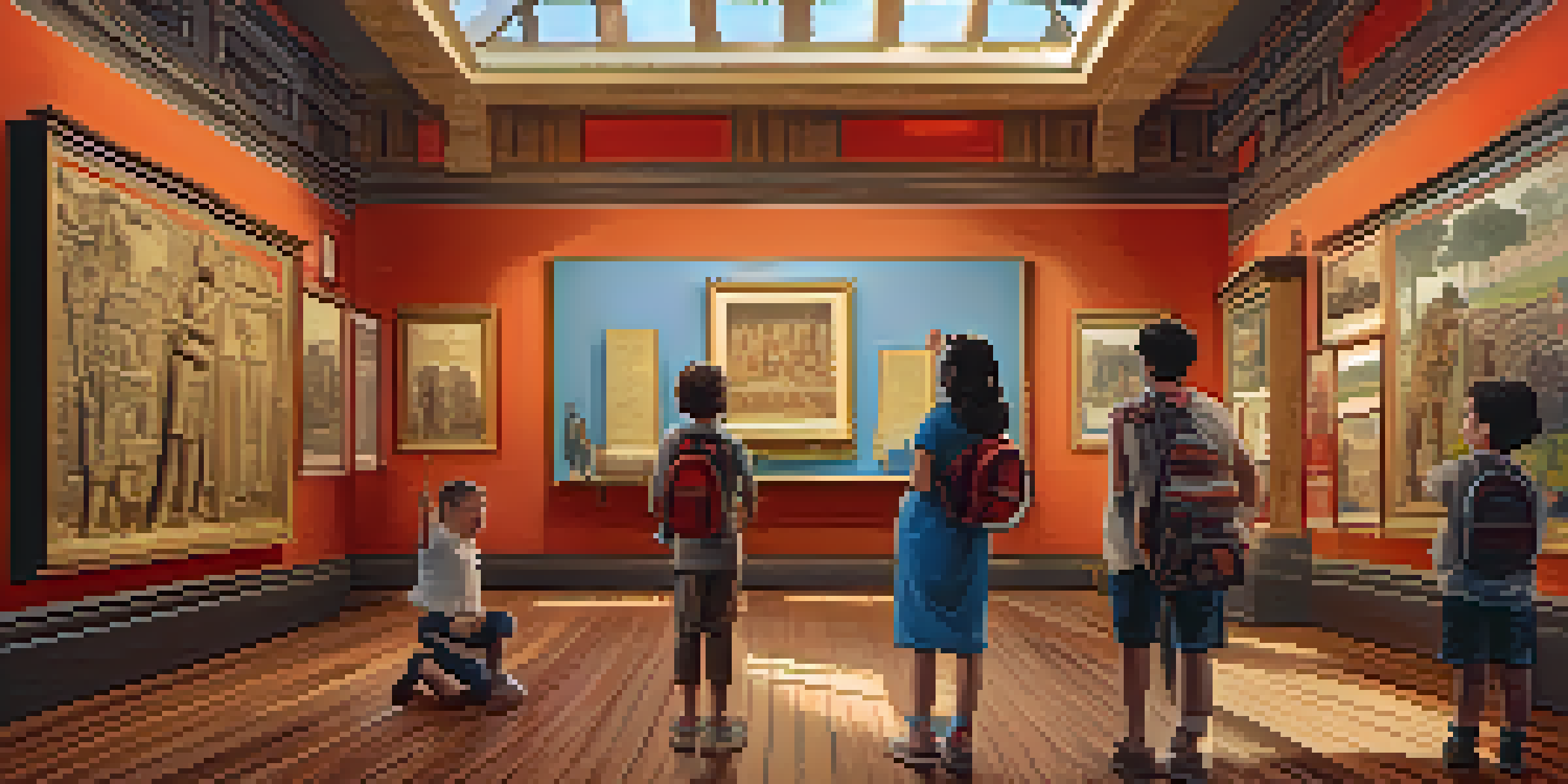 A family of four looking at ancient artifacts in a warmly lit historical museum.