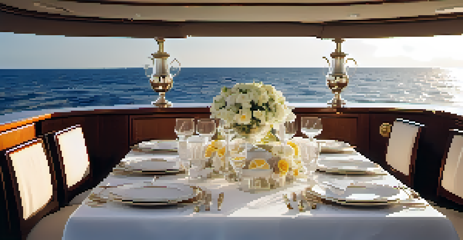 A beautifully arranged dining table on a yacht deck with gourmet food and ocean views, showcasing luxury dining on the water.
