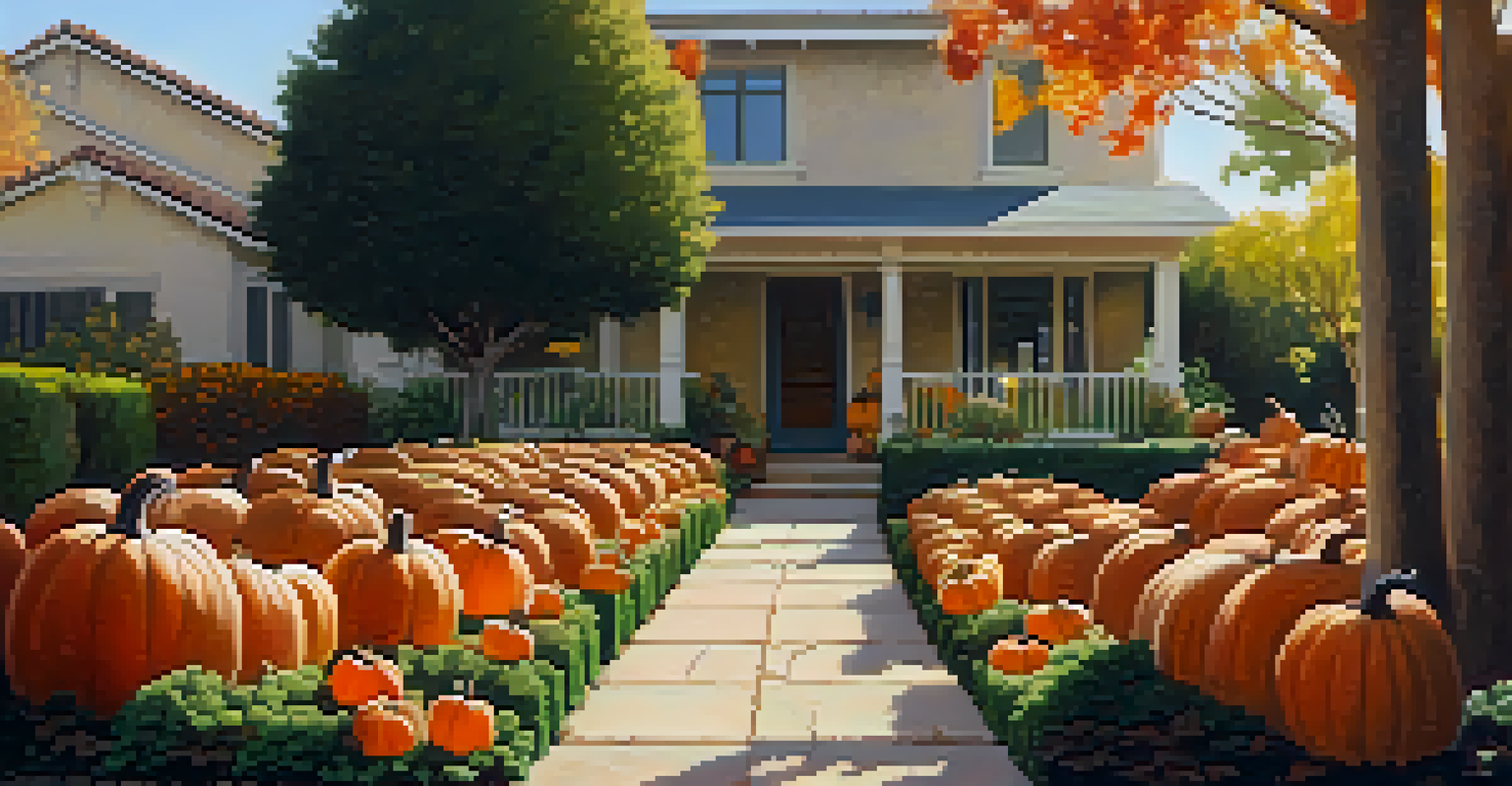 A peaceful fall garden with leafy greens and pumpkins, surrounded by autumn leaves under soft afternoon light.
