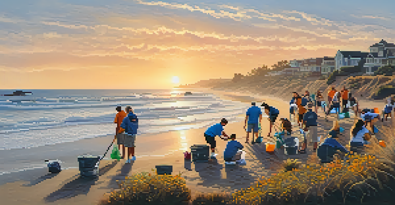 Community members engaged in a beach clean-up along Carlsbad's coastline during sunset.