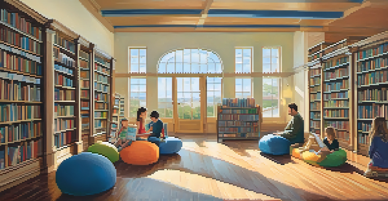 A family enjoying time in a colorful library filled with books and children reading.