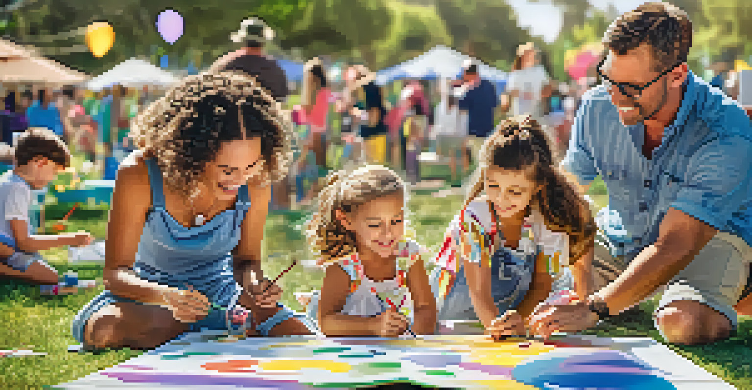A family participating in an art station with children painting and crafting in a lively park setting.