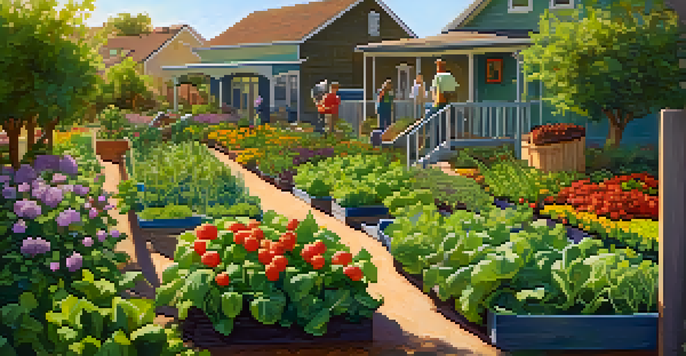 A lively community garden with people planting and harvesting vegetables, bathed in warm sunlight.