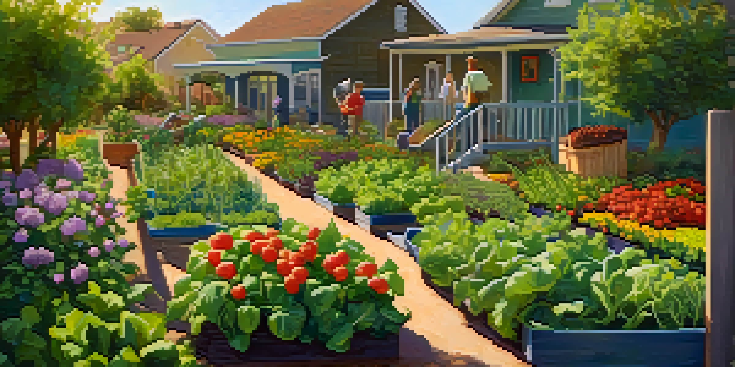 A lively community garden with people planting and harvesting vegetables, bathed in warm sunlight.