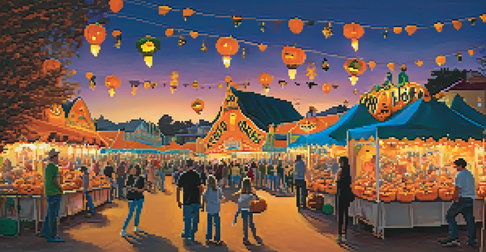 A lively Halloween carnival at dusk, with families participating in activities like pumpkin carving and face painting under a colorful sky.