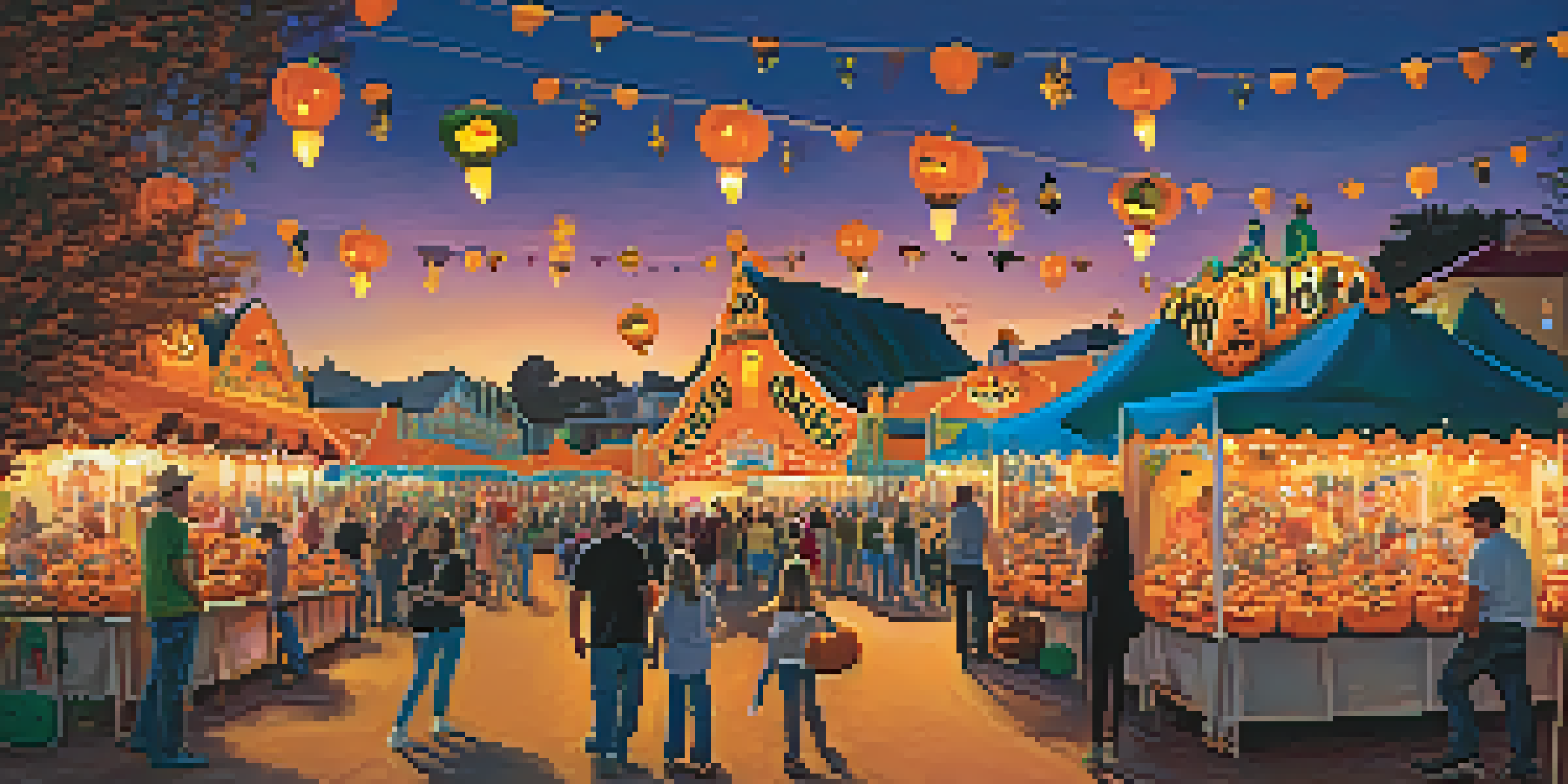 A lively Halloween carnival at dusk, with families participating in activities like pumpkin carving and face painting under a colorful sky.