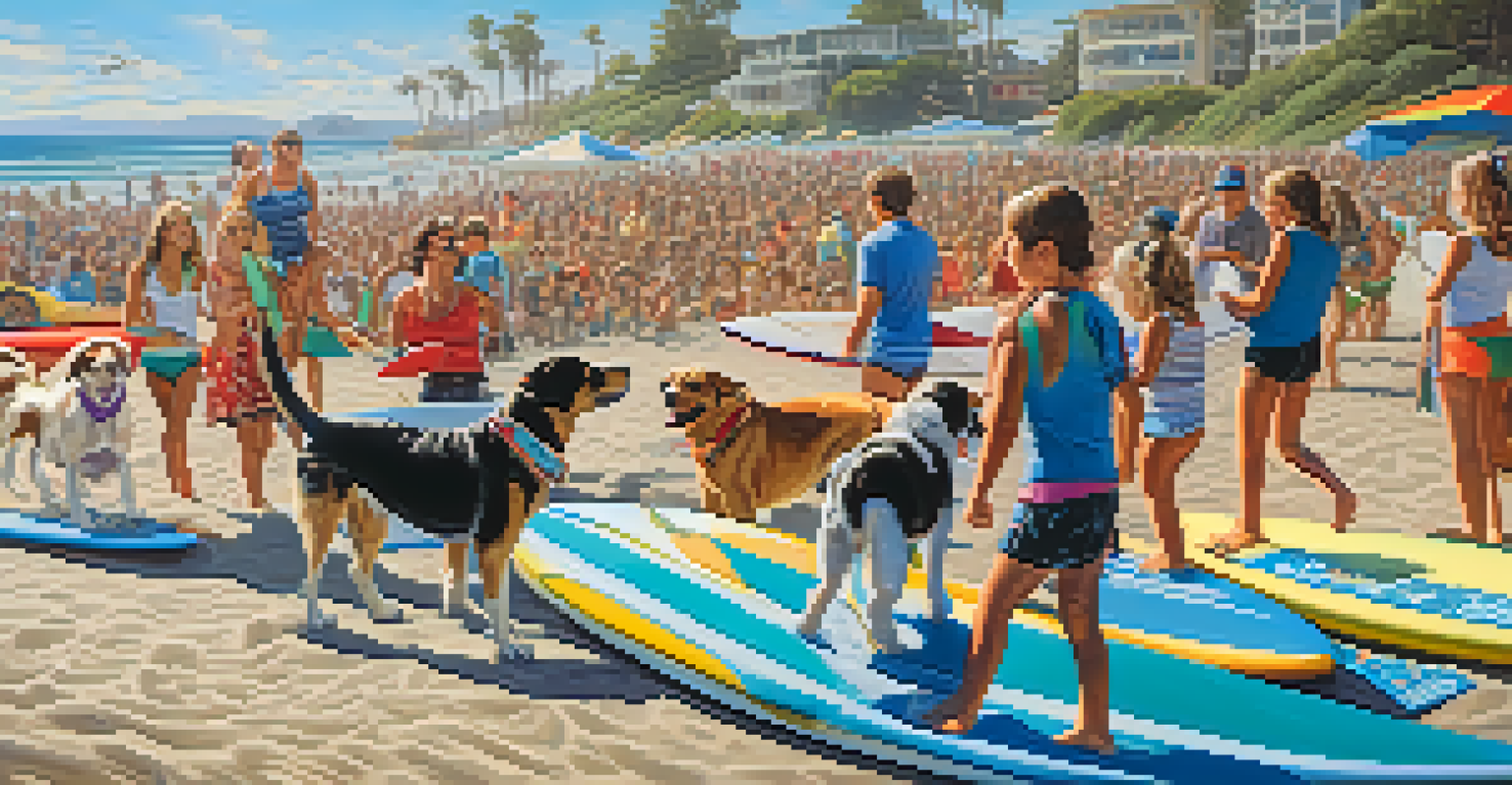 A heartwarming scene from the Surf Dog Surf-A-Thon, with dogs riding surfboards on gentle waves, cheerful spectators, and bright sunlight.