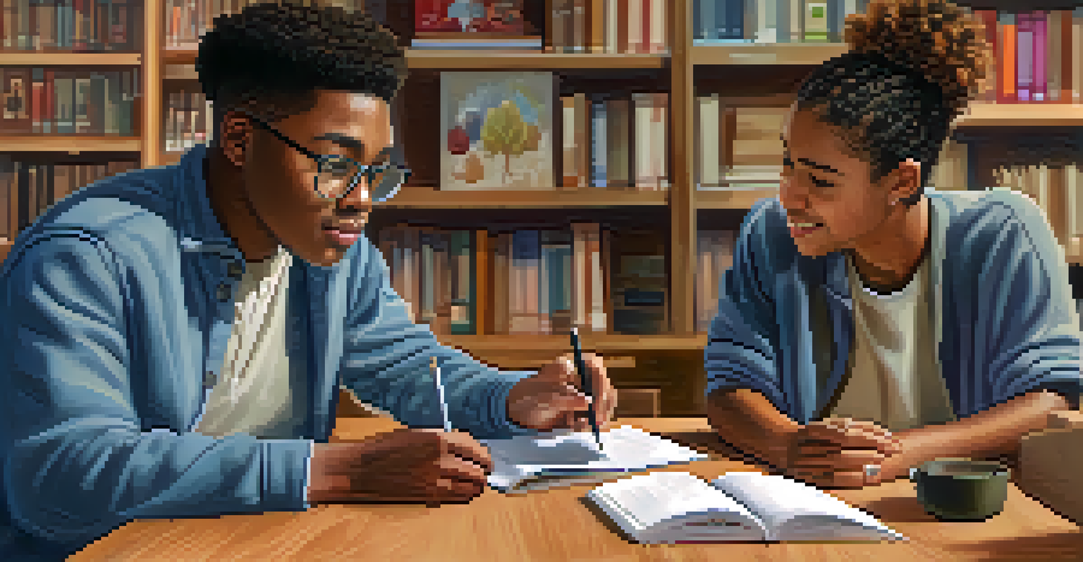 A mentor and mentee discussing college applications at a table, surrounded by books and a laptop.
