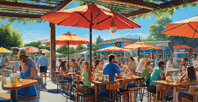 An outdoor brewery scene with people enjoying craft beer at picnic tables, a food truck nearby, and a sunny sky.