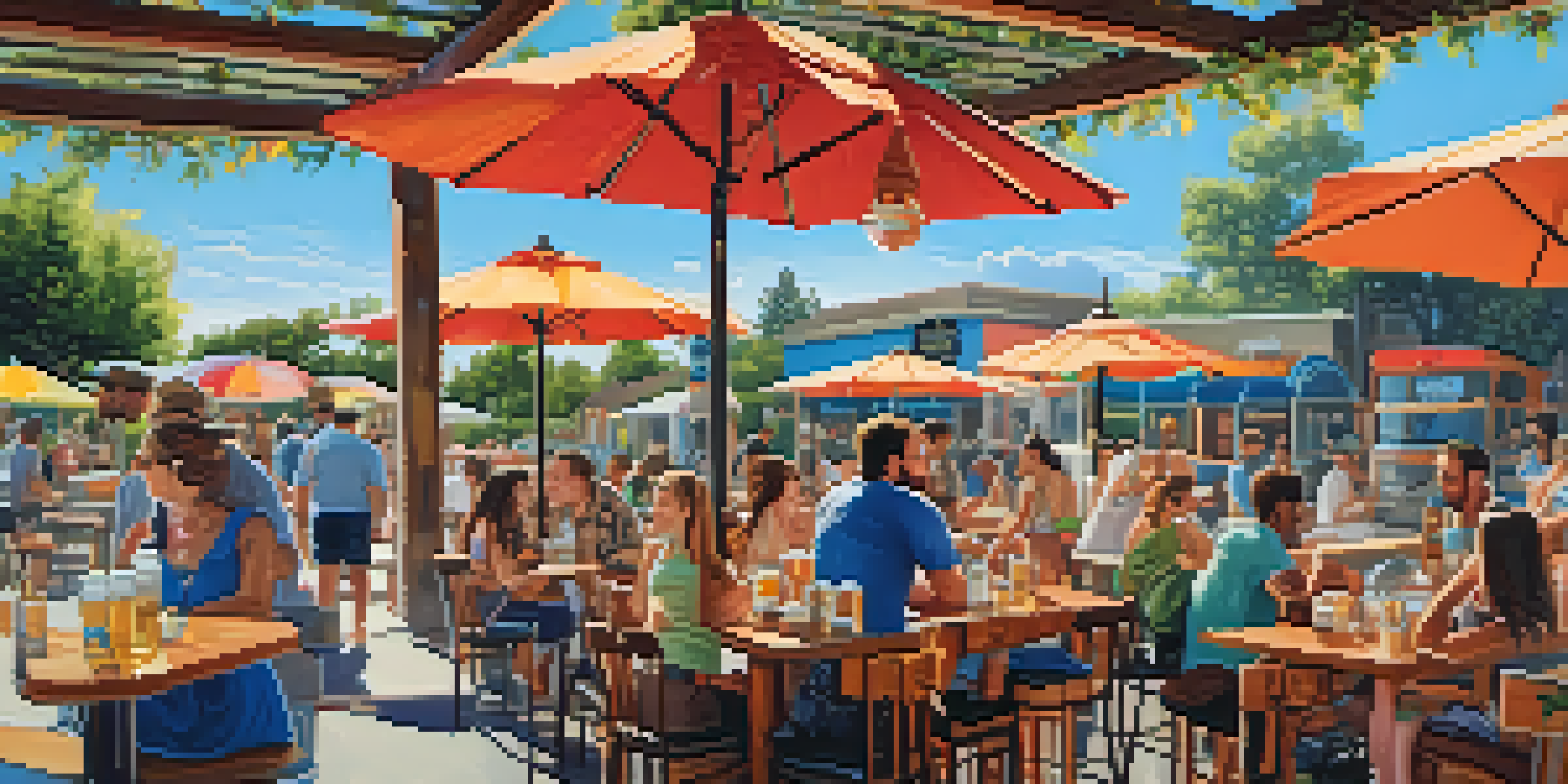 An outdoor brewery scene with people enjoying craft beer at picnic tables, a food truck nearby, and a sunny sky.