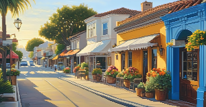A vibrant street view of Old Carlsbad Village featuring historical buildings, colorful storefronts, and blooming flowers under warm golden sunlight.