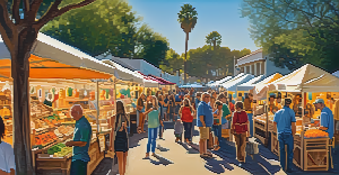 An outdoor artisan market in Carlsbad, California, with colorful stalls, local craftspeople, and visitors exploring handmade goods under warm sunlight.