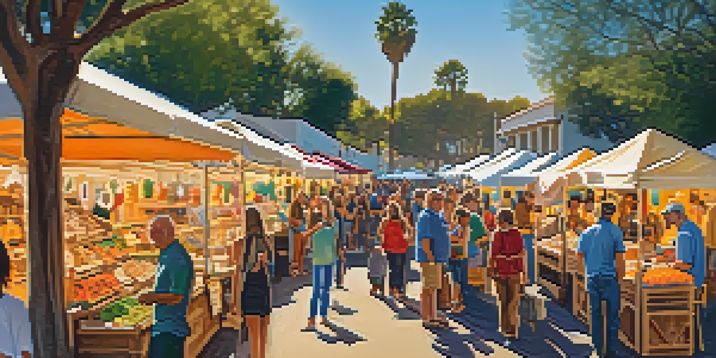 An outdoor artisan market in Carlsbad, California, with colorful stalls, local craftspeople, and visitors exploring handmade goods under warm sunlight.
