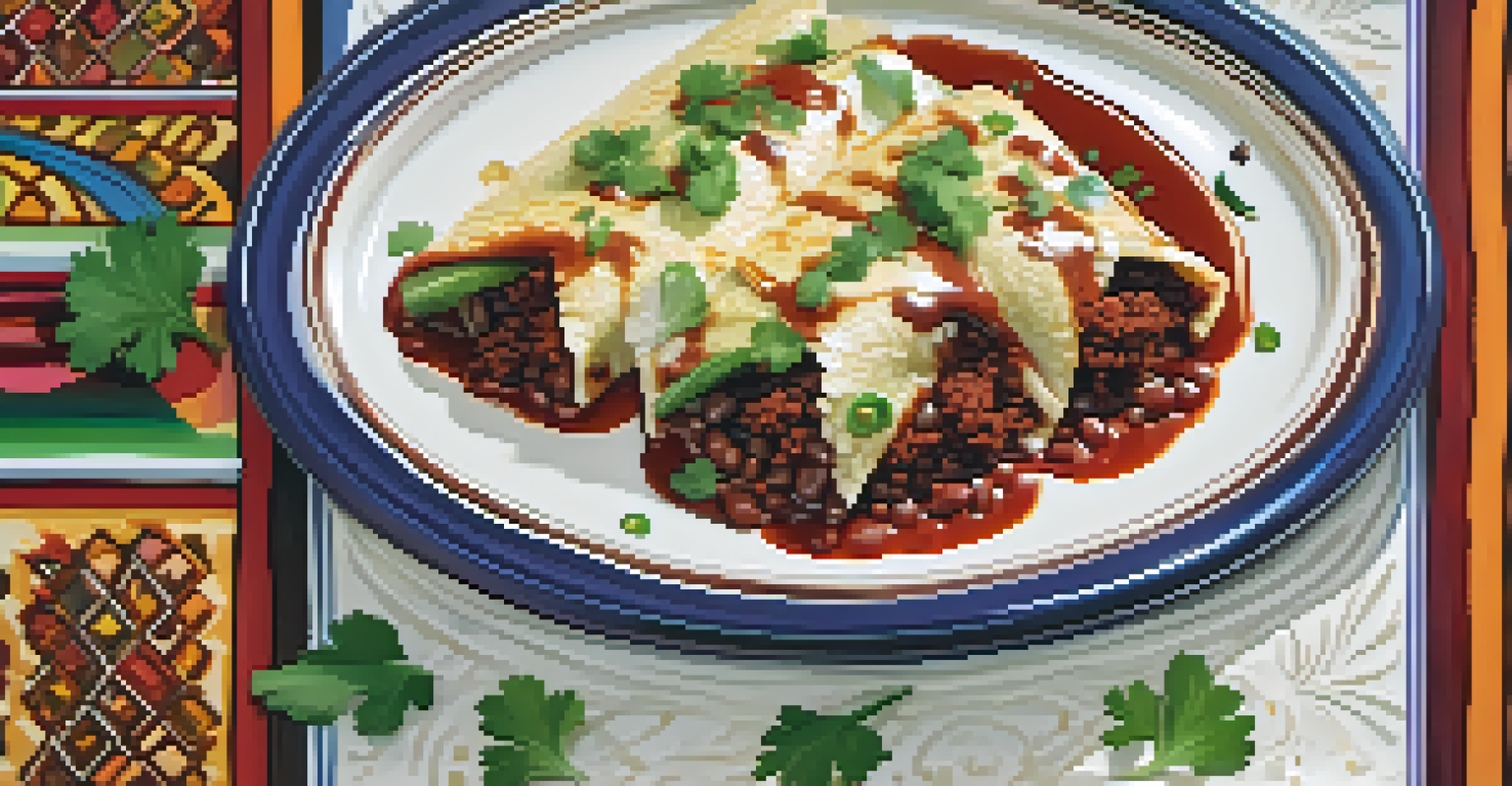 A close-up view of enchiladas with mole sauce, rice, and beans presented on a ceramic plate.