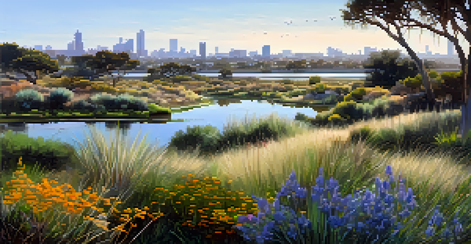 A picturesque restored natural habitat with blooming wildflowers and a wildlife pond, set against the backdrop of a city skyline.