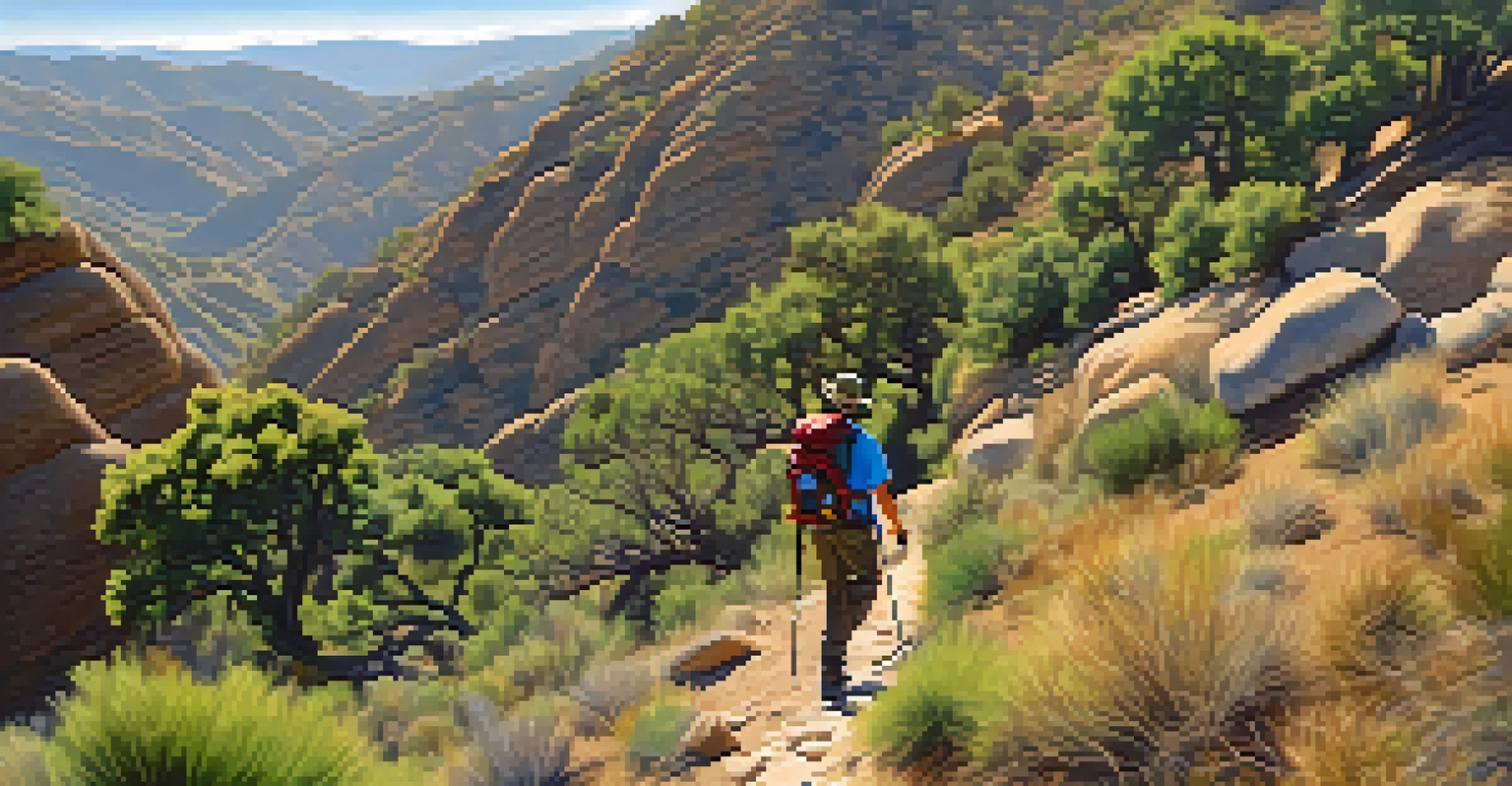 An experienced hiker on the steep and rugged La Costa Canyon Trail, with stunning views of surrounding hills and valleys.