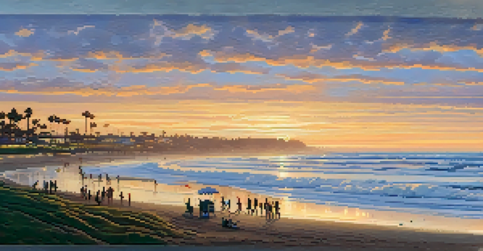 A sunset view of Carlsbad's coastline with surfers, beachgoers, and palm trees.