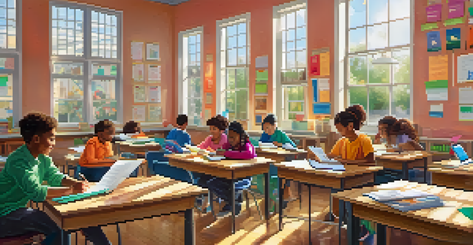 A lively classroom with diverse students collaborating on a project, surrounded by educational materials and sunlight.