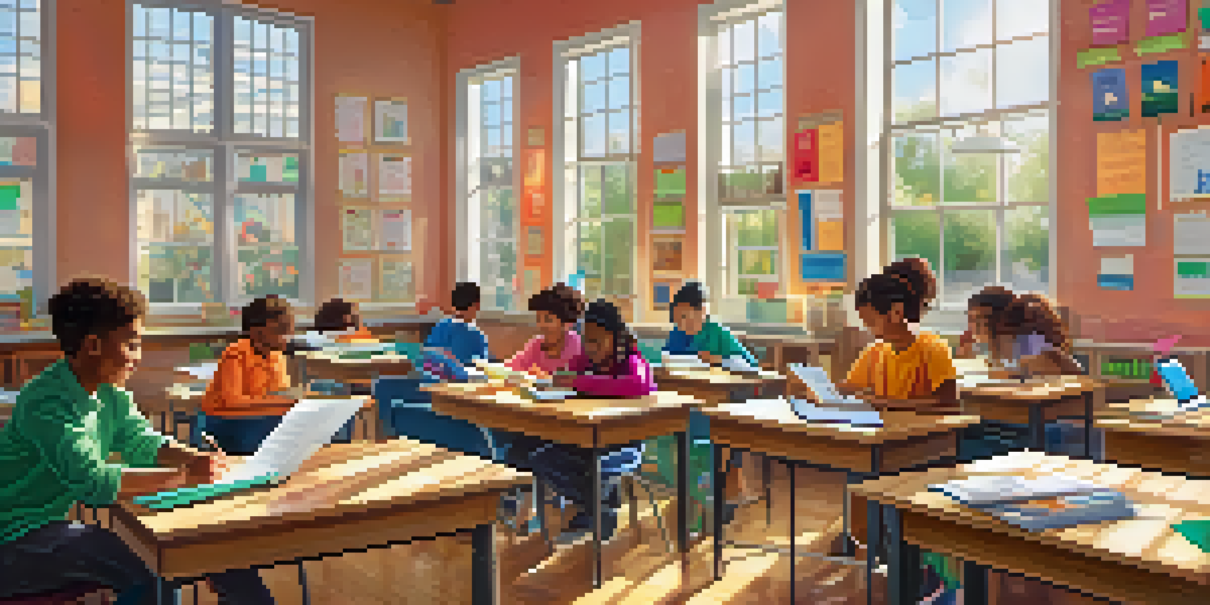 A lively classroom with diverse students collaborating on a project, surrounded by educational materials and sunlight.
