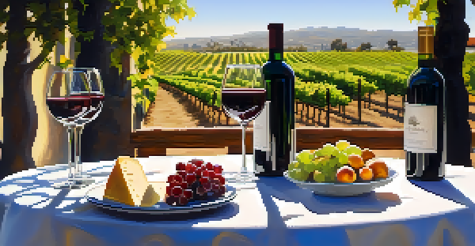 An outdoor wine tasting setup featuring wine glasses, a bottle of red wine, and cheese, surrounded by vineyards under a sunny sky.