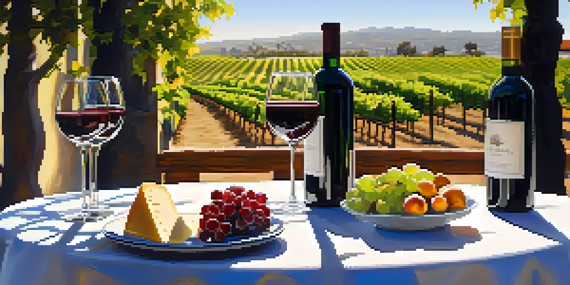 An outdoor wine tasting setup featuring wine glasses, a bottle of red wine, and cheese, surrounded by vineyards under a sunny sky.